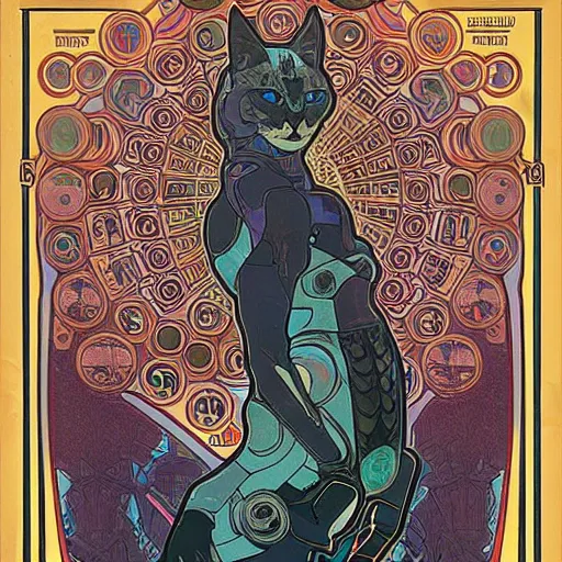 Prompt: giant cyberpunk cat statue. Cybernetics. Synthwave. temple. 8k resolution, extremely detailed, digital illustration. Poster by alphonse mucha.