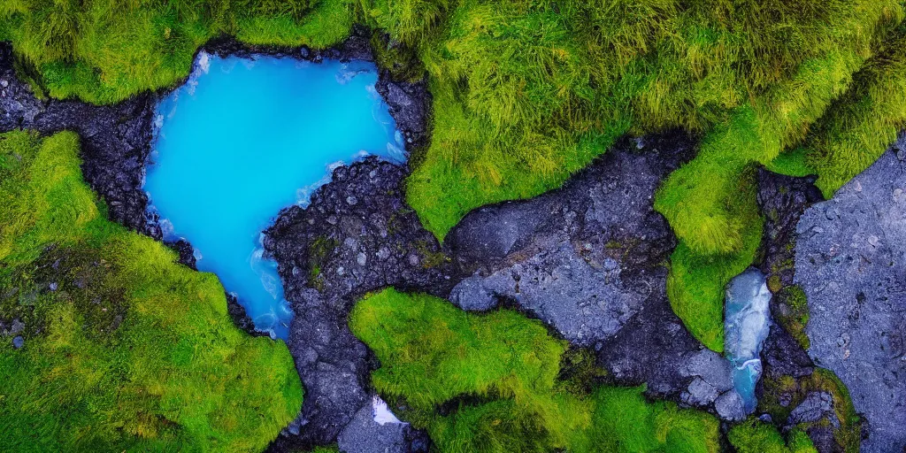 Image similar to drone shot photo of a landscape with mountains, waterfalls, wallpaper, very very wide shot, blue glacier, iceland, new zeeland, green flush moss, national geographic, award landscape photography, professional landscape photography, sunny, day time, beautiful