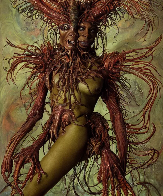 Prompt: a portrait photograph of a fierce venus williams as an alien harpy queen with slimy amphibian skin. she is trying on evil bulbous slimy organic membrane fetish fashion and transforming into a fiery succubus insectoid amphibian. by donato giancola, walton ford, ernst haeckel, brian froud, hr giger. 8 k, cgsociety