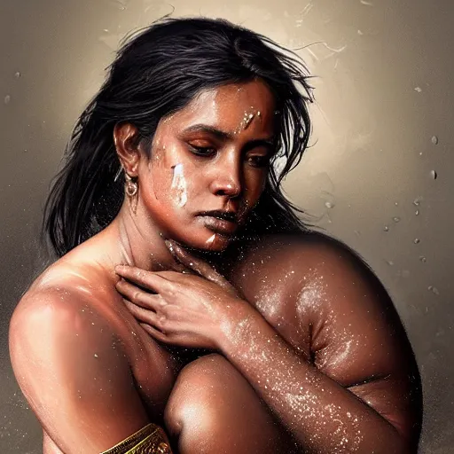 Prompt: portrait painting of a black muscular bloodied indian middle aged woman bathing, ultra realistic, concept art, intricate details, eerie, horror, highly detailed, photorealistic, octane render, 8 k, unreal engine. art by artgerm and greg rutkowski and alphonse mucha