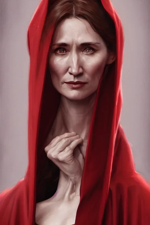 Prompt: carice van houten as a red priest, anatomy, only two hands, highly detailed, digital painting, artstation, concept art, smooth, sharp focus, illustration, unreal engine 5, 8 k, art by art by artgerm and greg rutkowski and edgar maxence