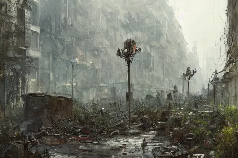 Image similar to An abandoned, post-apocalyptic Paris, by Greg Rutkowski, overgrown with plants, buildings in ruins. Trending on Artstation