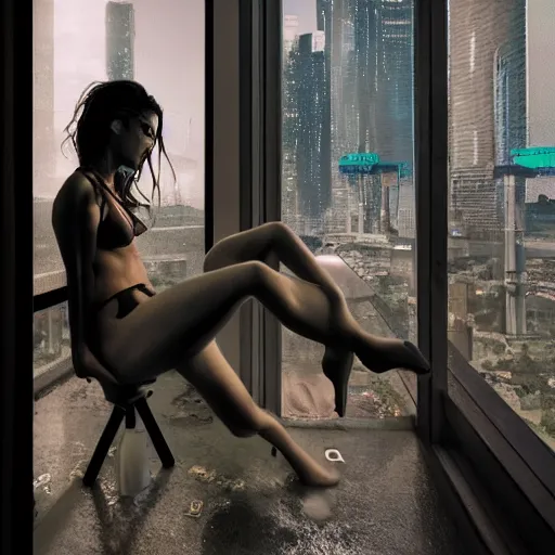 Prompt: a woman, moment, cyberpunk penthouse balcony, tech noir, wet skin, atmospheric, ambient, hopper, rupert everton, alexis flower, livia prima,