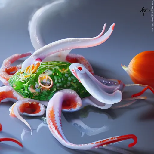 Image similar to pichacu cooks a squid, photo, detailed, 4k, Art by Yongjae Choi