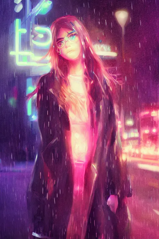 Image similar to cute girl in the rain, neon lights, by wlop, concept art, poster