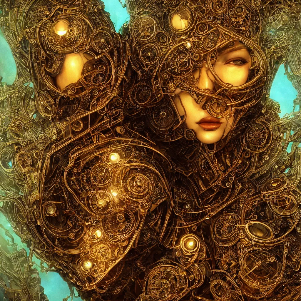 Prompt: singular beautiful symmetrical close up head and shoulder face portrait android woman time machine axonometric mechanical fantasy intricate elegant highly detailed in volumetric void of latent space, golden turquoise steampunk, high contrast cinematic light, mystical shadows, digital painting, smooth, sharp focus, divine realm of gods, octane render, photographic, concept art, artist leonardo davinci, unreal engine 8 k