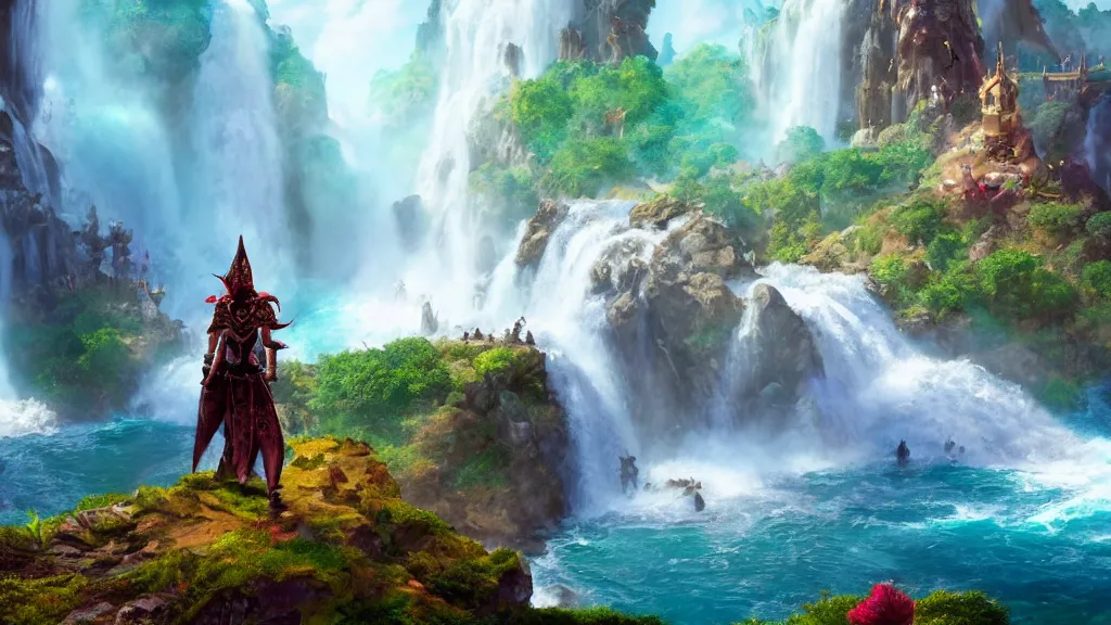 Prompt: A Fantasy Warrior, standing on a cliffside, beside a beautiful colourful waterfall, over looking a large Fantasy city in the middle of the ocean, trending artstation, 8k, highly detailed, matte painting, concept art