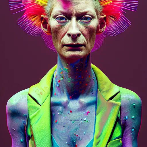 Prompt: a realistic octane render physically based rendering punk neon tilda swinton, trending on artstation, by archan nair and marlene dumas, intricate details, flowers, in the style of frank auerbach, in the style of martin ansin, in the style of david aja, by kandinsky