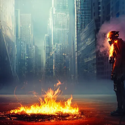 Image similar to damaged and charred metallic android emerging from fire and smoke, carrying a sleeping child, background of futuristic cityscape, buildings on fire, no blur, high detail, movie still, nighttime