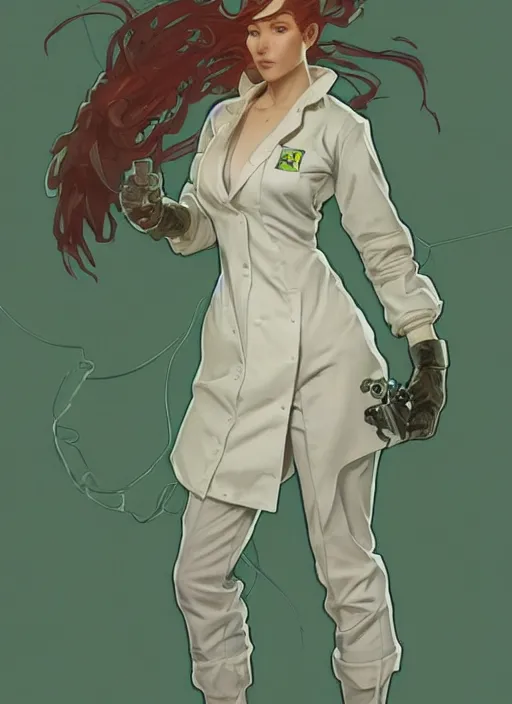 Image similar to a full body character design by artgerm, cushart krenz, greg rutkowski and alphonse mucha. mad scientist woman lab coat!! green plasma laser gun!! bold outline sharp edges. ultra clear detailed. 8 k. ultra detailed, elegant, intricate, octane render.