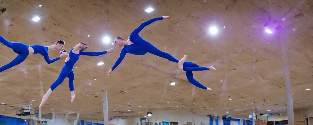 Prompt: team of gymnasts dodging laser beams, wide angle shot, 8k