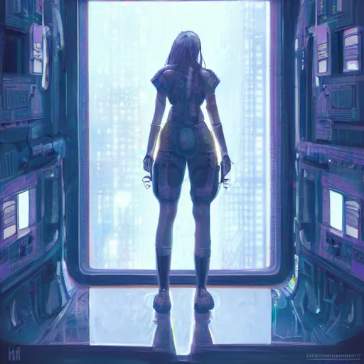 Prompt: portrait of cyberpunk woman looking out of a window, cyberpunk setting, futuristic, highly detailed, intricate lighting, digital painting, sharp focus, illustration, trending on artstation, art by ufotable.