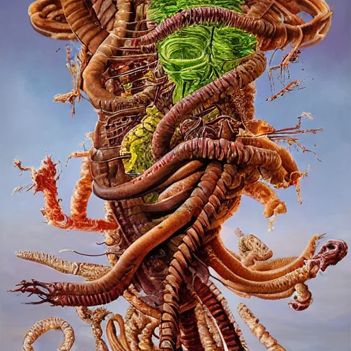 Image similar to mood, apocalyptic airbrush by martin grelle. a painting of the human intestine in all its glory. each section of the intestine is labelled, & various items & creatures can be seen inside, such as bacteria, food particles, & even a little mouse.