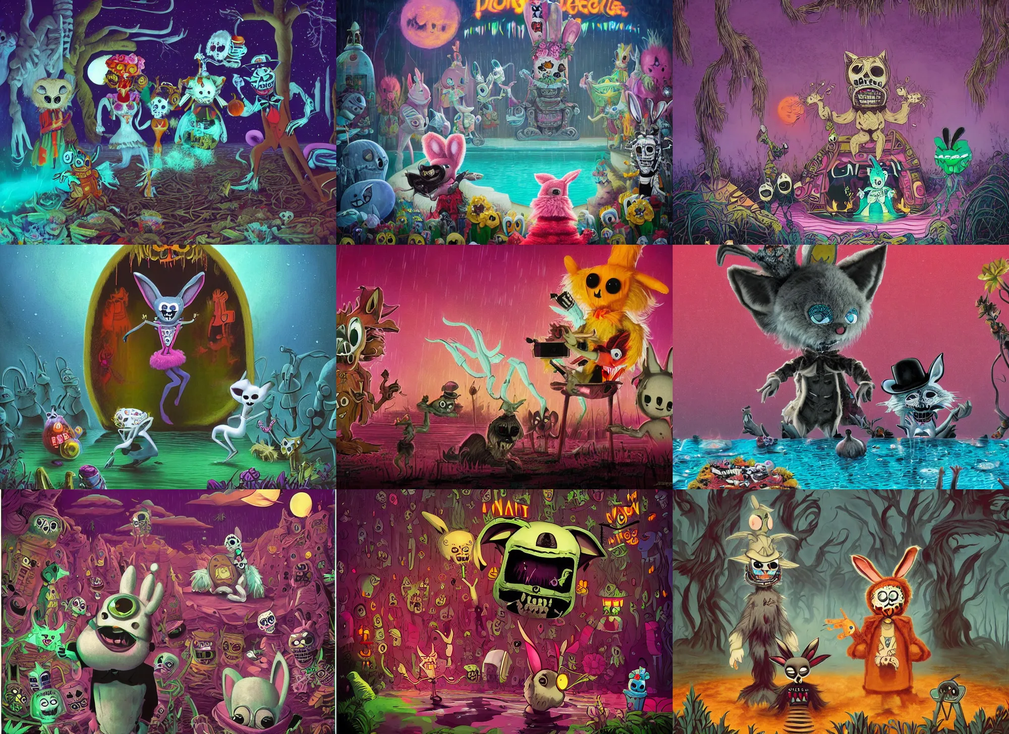 Prompt: an evil alien stalks a cute fluffy bunny wearing a dia de los muertos costume, and his friend the coyote that gleefully dance in a pool of water. dark dance photography, intricate detailed 8 k environment, gary baseman, preston blair, tex avery, dan mumford, pedro correa, high times magazine aesthetic