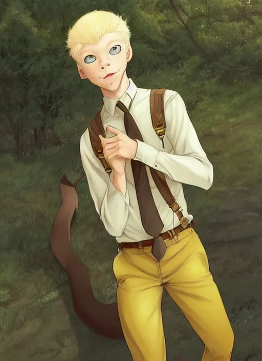 Image similar to beautiful portrait commission of a male furry anthro!!! albino mountain lion wearing a yellow dress shirt, olive green slacks, and suspenders. Atmospheric. Character design by charlie bowater, ross tran, artgerm, and makoto shinkai, detailed, inked, western comic book art