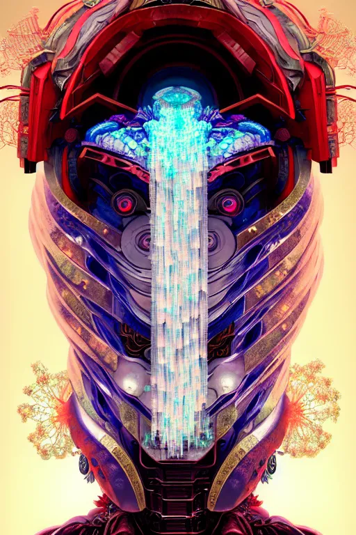 Image similar to asura from chinese myth, ghost, gorgeous and huge head ornaments, dystopian, cyberpunk, organic fractal mycelum and fungi, mecha, halfturn portrait of a big crystal face made of crystals half - turn, ominous, intricate, studio, art by anthony macbain + greg rutkowski + alphonse mucha, concept art, 4 k, sharp focus