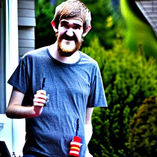 Prompt: bearded bo burnham outside of his house, smiling and dancing