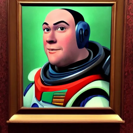 Image similar to a renaissance style portrait painting of Buzz Lightyear