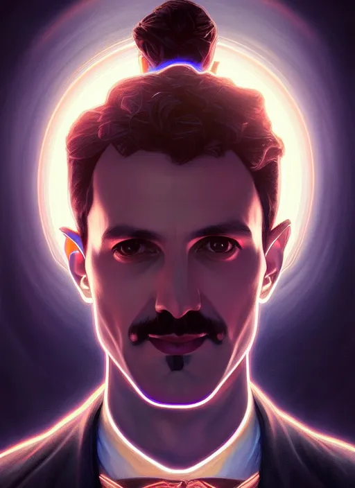 Image similar to symmetry!! portrait of nikola tesla male, chemisty, sci - fi, glowing lights!! intricate, elegant, highly detailed, digital painting, artstation, concept art, smooth, sharp focus, illustration, art by artgerm and greg rutkowski and alphonse mucha, 8 k