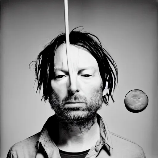 Image similar to Radiohead, Radiohead, Thom, holding the moon upon a stick, with a beard and a black jacket, a portrait by John E. Berninger, dribble, neo-expressionism, uhd image, studio portrait, 1990s