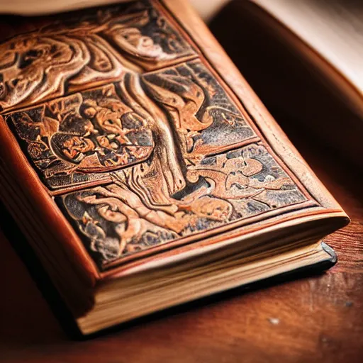 Image similar to a closeup of a closed book sitting on a desk, the cover is ornately carved leather, beside the book is an ancient scroll, dark, single light, vignette, magic, fantasy