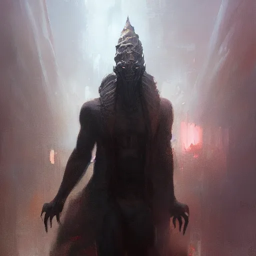 Image similar to nyarlathotep, dramatic lighting, painted by raymond swanland, painted by greg rutkowski, painted by jeremy mann, painted by artgerm, painted by igor kieryluk, trending on artstation