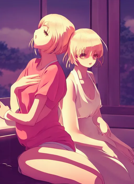 Image similar to two beautiful mothers sitting on a hot summer evening, gorgeous faces, thick lines, cinematic lighting, detailed anime art