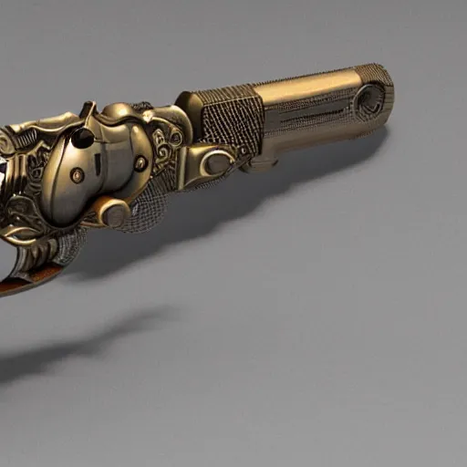 Prompt: a 3d design of a steampunk revolver