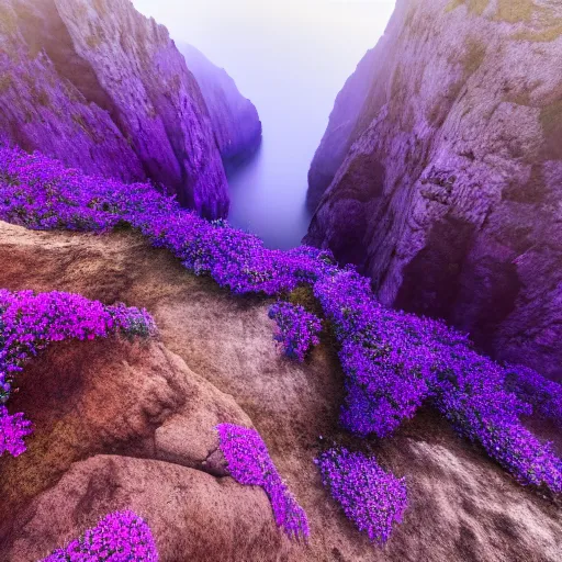 Prompt: cliff landscape with violet ocean, 8 k, moody, purple water, intense color, highly detailed, dream landscape, violet fog, wide, high color saturation,
