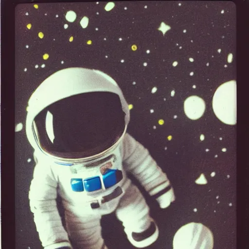 Image similar to polaroid of a cute toy wool astronaut in real space