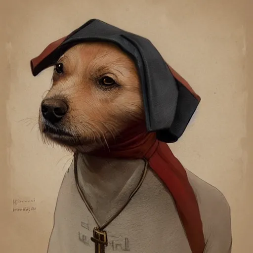 Image similar to portrait of a dystopian cute dog wearing an outfit inspired by the handmaid ’ s tale ( 2 0 1 7 ), intricate, headshot, highly detailed, digital painting, artstation, concept art, sharp focus, cinematic lighting, digital painting, art by artgerm and greg rutkowski, alphonse mucha, cgsociety