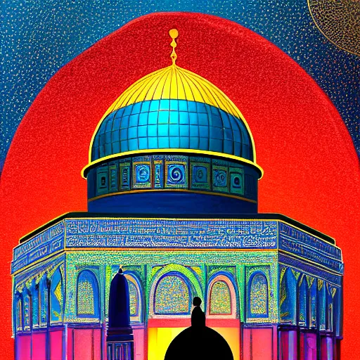 Prompt: a beautiful oil painting flyer design illustration of dome of the rock jerusalem and a silhouette of muslim is praying to god in front of it, intricate, elegant, glowing lights, highly detailed, digital painting, artstation, concept art, smooth, sharp focus, illustration, flat background