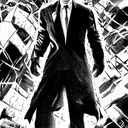 Prompt: a cyberpunk mafia boss with slicked back hair, in a cyberpunk setting, comic book art, cyberpunk, art by stan lee, pen drawing, inked, black and white, dark, moody, dramatic, deep shadows, marvel comics, dc comics