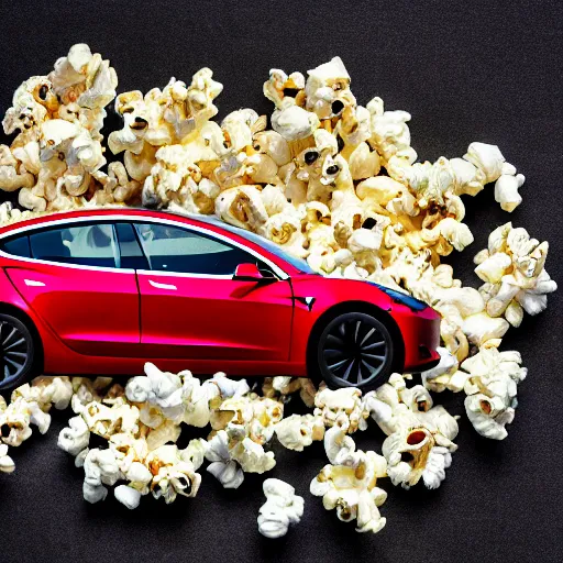 Prompt: a tesla model 3 made out of popcorn, high res photograph, 5 0 mm