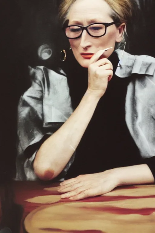 Image similar to overpainted photography portrait of young meryl streep smoking a cigarette at a table by cindy sherman and gerhard richter, dim light, minimalist, black and white