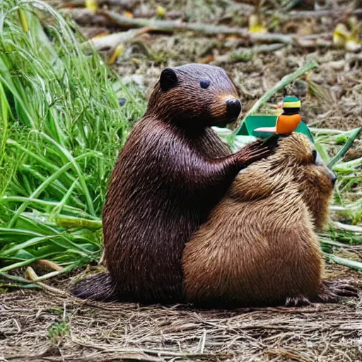 Prompt: real beaver and real duck sitting on vegetables