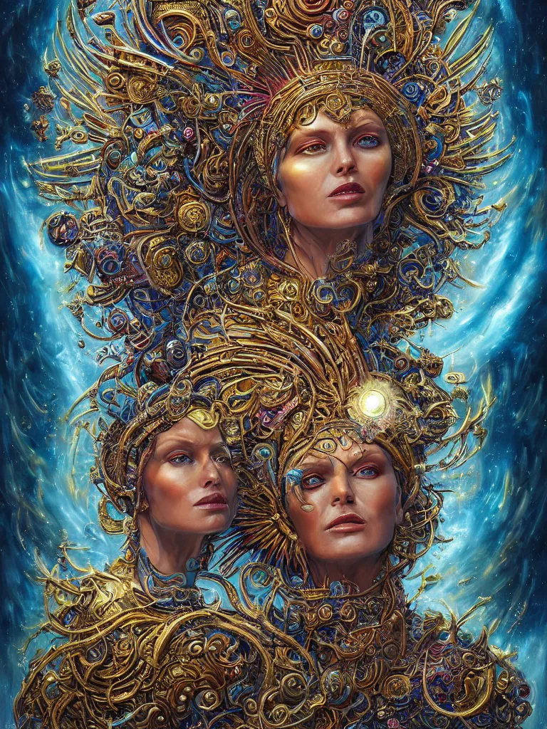 Image similar to fullbody portrait. very complex hyper-maximalist overdetailed cinematic cosmic scifi portrait of an elegant very attractive sun goddess mother of the universe by andrei riabovitchev, tomasz alen kopera, oleksandra shchaslyva and peter morbacher. Extremely ornated and decorative. Fancy luxury beautiful. Omnious intricate. Secessionist portrait illustration. Goddess of the sky. Focus on face. Artstation. Deviantart. 8k 4k 64megapixel. Rendered by binx.ly.