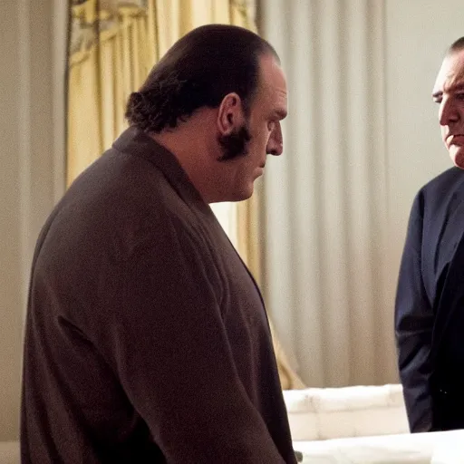 Prompt: tony soprano telling donald trump he is in trouble with the boss. highly detailed movie still