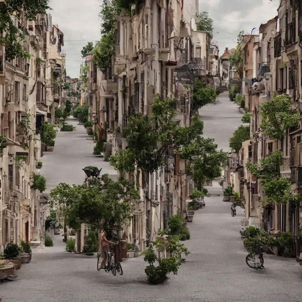 Image similar to a perfect street with no cars, houses designed by famous architect. bikes. cinematic, 8 k, inspirational.