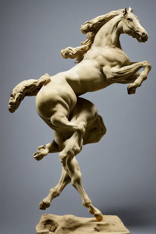 Prompt: a detailed marble sculpture of a riderless horse, galloping rearing dramatically, by michelangelo