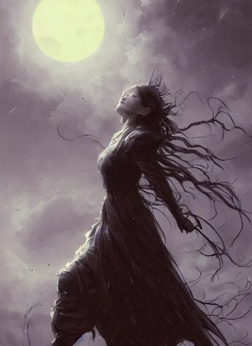 Image similar to portrait, A witch in front of the full big moon, dramatic lighting, cinematic, establishing shot, extremly high detail, foto realistic, cinematic lighting, by Yoshitaka Amano, Ruan Jia, Kentaro Miura, Artgerm, post processed, concept art, artstation, matte painting, style by eddie mendoza, raphael lacoste, alex ross