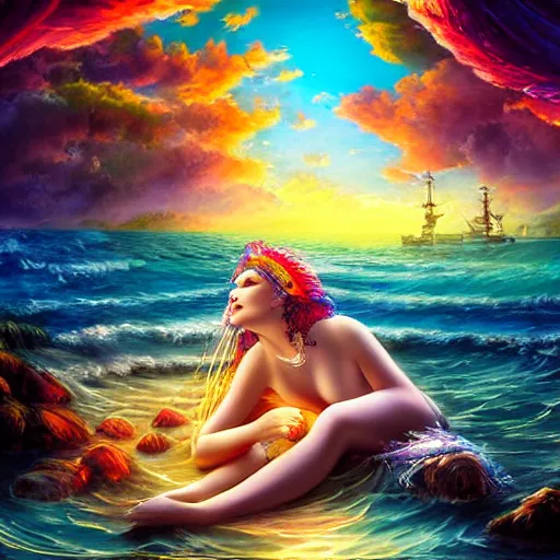 Image similar to musical sea goddess lulling pirates to sleep, beautiful composition, wide angle, colorful, cinematic, volumetric lighting, intricate details painting