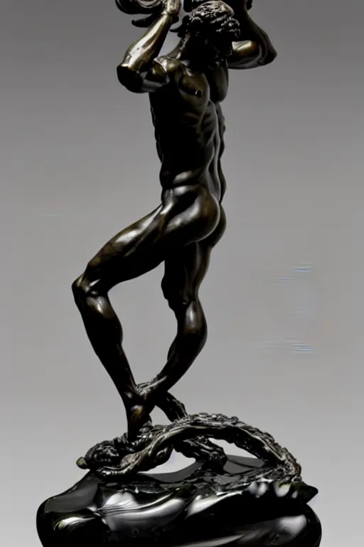 Prompt: intricate and detailed dancing Satyr statue made on polished obsidian by Antonio Corradini