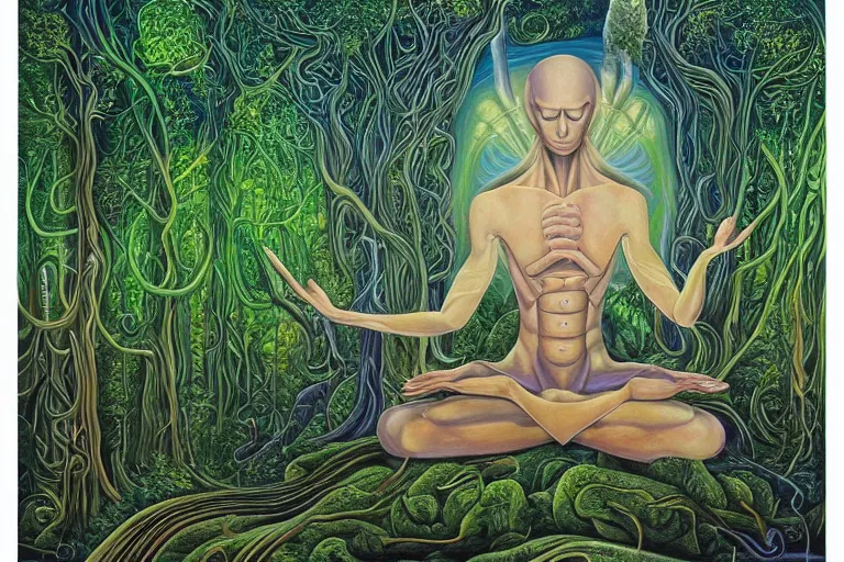 Image similar to painting of a tranquil alien meditating in lush forest by alex grey, acrylic art, ethereal, soothing, somber, elegant, soft light,