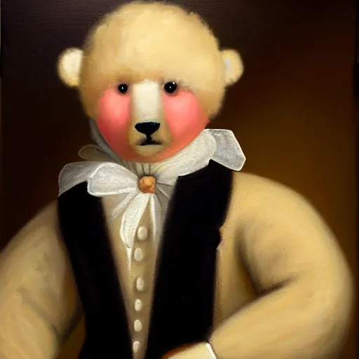 Prompt: head and shoulders portrait painting of a white teddy bear wearing a colonial outfit looking off camera, a character portrait, american romanticism, oil on canvas, diffused lighting