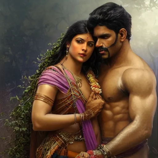 Image similar to portrait painting of dark muscular indian couple kissing, ultra realistic, concept art, intricate details, eerie, highly detailed, photorealistic, octane render, 8 k, unreal engine. art by artgerm and greg rutkowski and alphonse mucha