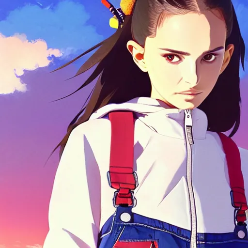 Image similar to a beautiful boyish natalie portman gravure model, wearing oversized mayan bomber jacket and leotard with overalls, bulky poofy bomber jacket with mesoamerican patterns, mesoamerican street fashion, gapmoe yandere grimdark, trending on pixiv fanbox, painted by greg rutkowski makoto shinkai takashi takeuchi studio ghibli, akihiko yoshida