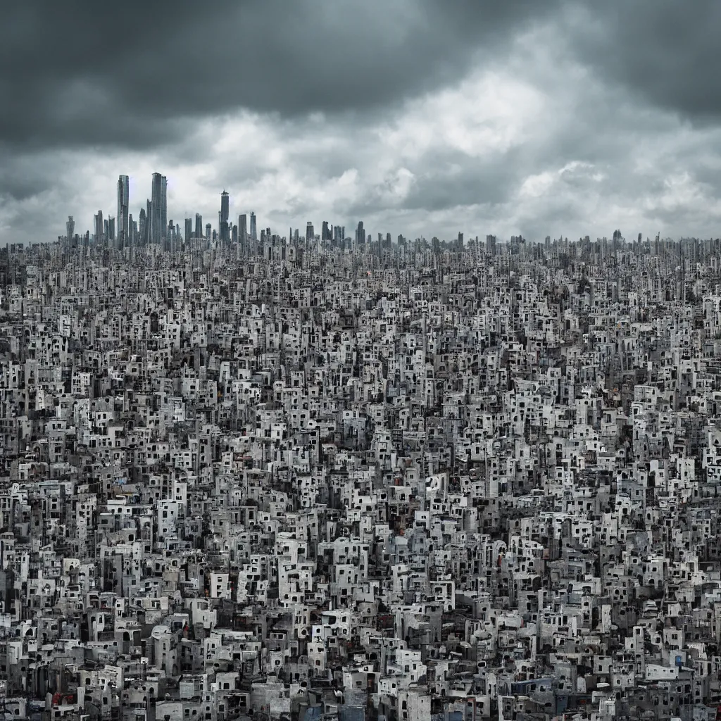 Prompt: skyscrapers made up of colourful makeshift squatter shacks, bleached colours, dramatic cloudy sky, dystopia, mamiya, very detailed, ultra sharp, photographed by cristina de middel