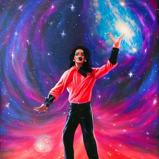 Image similar to painting of Michael Jackson dancing in a cosmic scenic environment, trending on Artstation, hyperdetailed, beautiful, stars, planets, nebula, medium shot, mid-shot