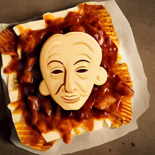 Image similar to A photograph of a poutine the Canadian dish composed of cheese in the shape of the head of vladimir poutine, ultra realistic, photography, very detailed, 8K , food